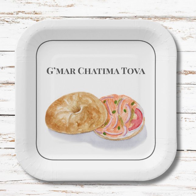 Assiettes En Carton Aquarelle Bagels Fumée Saumon G’mar Chatima Tova (Créateur téléchargé)