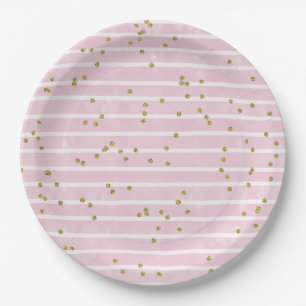 Assiettes En Carton Aquarelle Bande rose et point Polka or