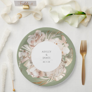 Assiettes En Carton Aquarelle beige botanique fleuri jardin mariage p