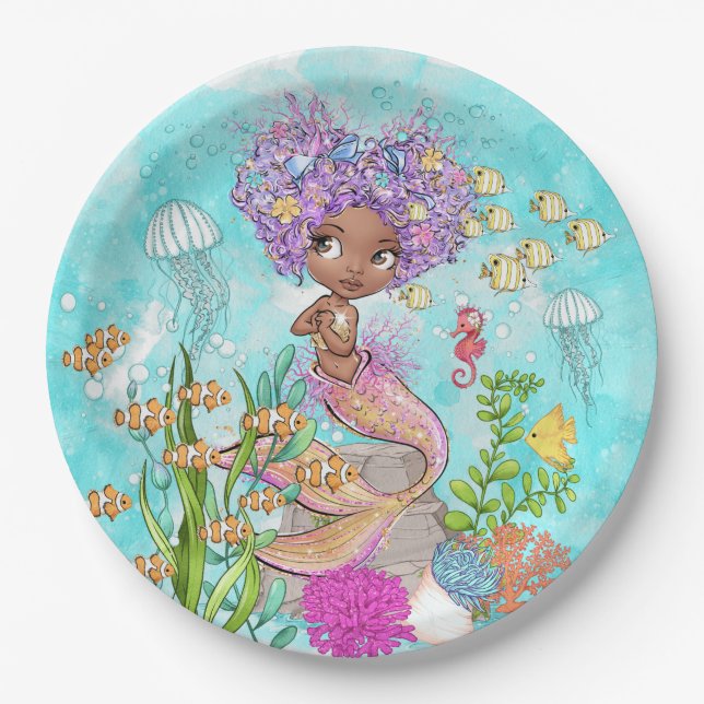 Assiettes En Carton Aquarelle Belle Brown Petite Sirène Anniversaire (Devant)