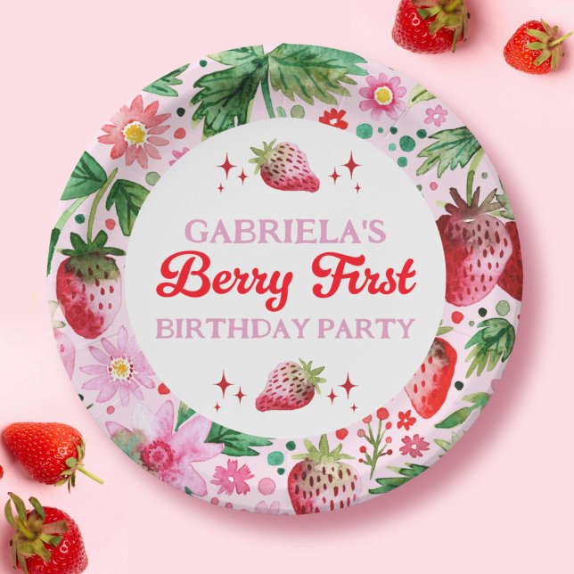 Assiettes En Carton Aquarelle Berry fraise 1er anniversaire filles (Watercolor Strawberry Berry 1st Birthday Girls Paper Plates)