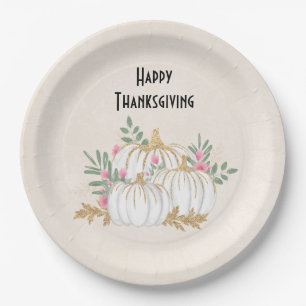 Assiettes En Carton Aquarelle blanche et or Citrouille Thankesgiving