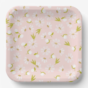 Assiettes En Carton Aquarelle blanche sur rose