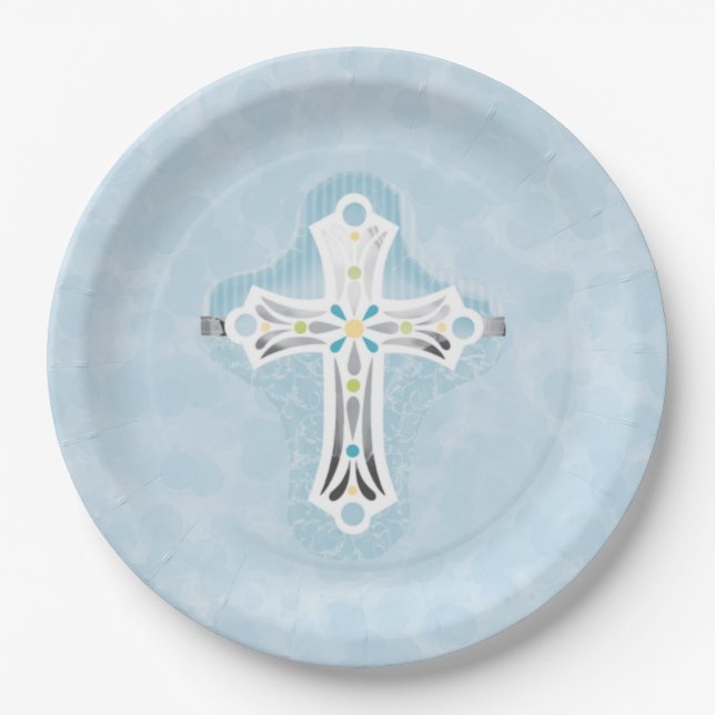 Assiettes En Carton Aquarelle bleu Dusty Croix florale Baptême (Devant)