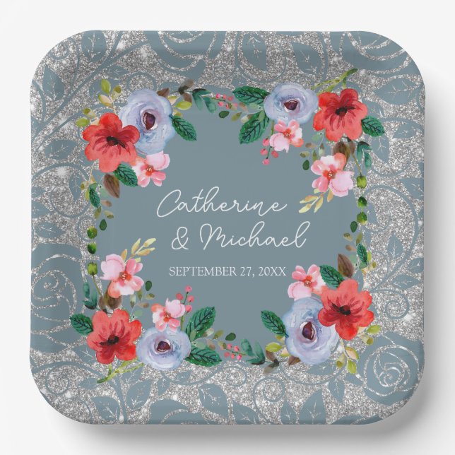 Assiettes En Carton Aquarelle bleu Dusty Parties scintillant argent Fl (Recto)