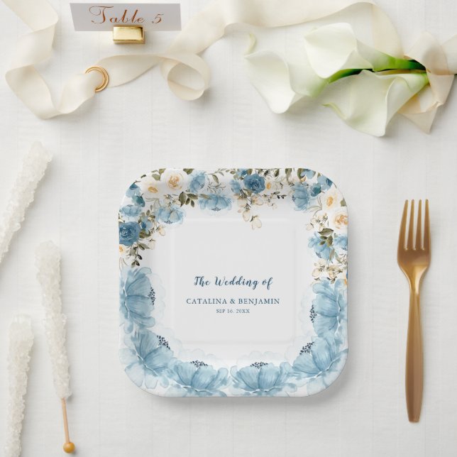 Assiettes En Carton Aquarelle Bleu Dusty Plaques de papier Mariage Flo (Mariage)