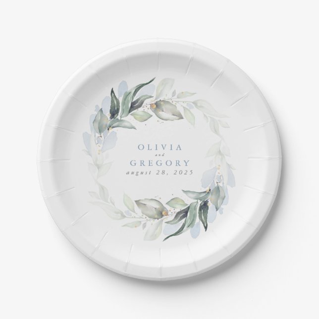 Assiettes En Carton Aquarelle bleu Dusty Vert Mariage romantique (Devant)