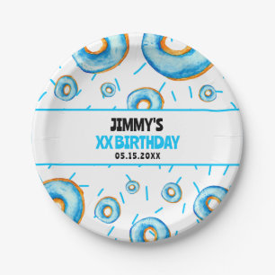 Assiettes En Carton Aquarelle Bleu et Blanc Cute Garçon Donut Annivers