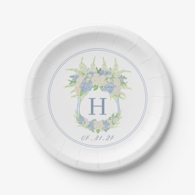 Assiettes En Carton Aquarelle Bleu et Blanc Hydrangea Crest (Devant)