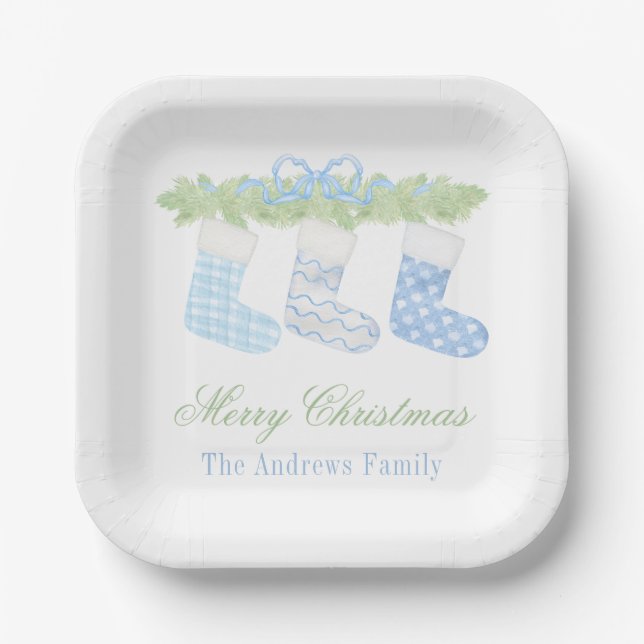 Assiettes En Carton Aquarelle Bleu et Blanc Noëls de Noël (Recto)
