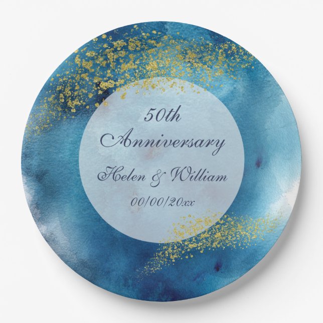 Assiettes En Carton Aquarelle Bleu et Or 50e anniversaire Mariage (Devant)