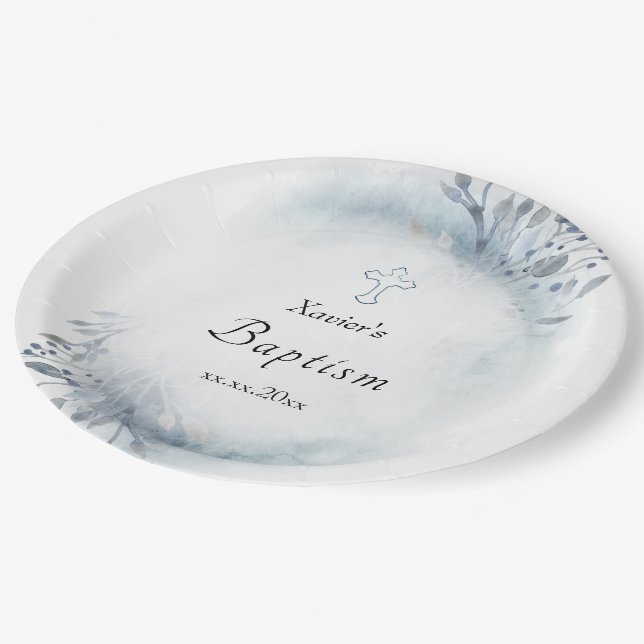 Assiettes En Carton aquarelle bleu feuillage Baptême Papier Plaque (Angle)