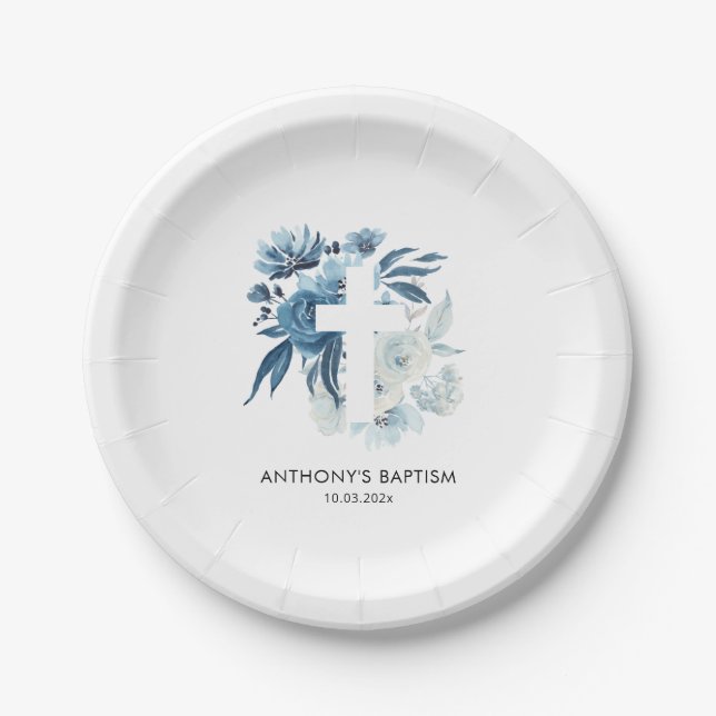 Assiettes En Carton aquarelle bleu floral baptême (Devant)