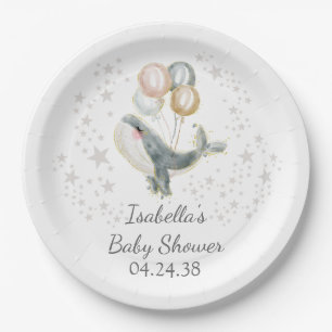 Assiettes En Carton Aquarelle bleu gris or mignonne baleine Baby showe