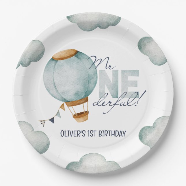 Assiettes En Carton Aquarelle Bleu Hot Air Balloon M. ONEderful Boy (Devant)