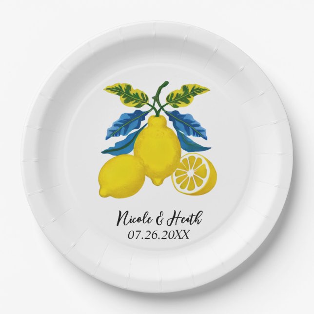 Assiettes En Carton Aquarelle bleu jaune citron Mariage méditerranéen (Devant)