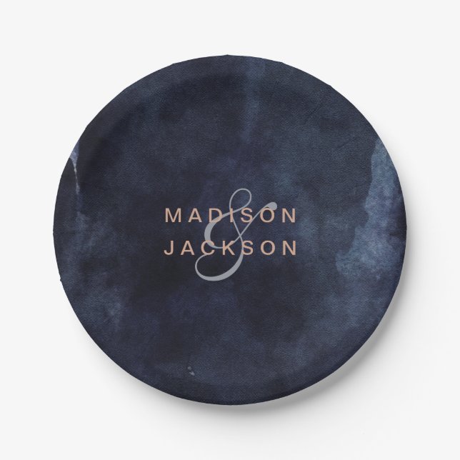 Assiettes En Carton Aquarelle bleu marine et Mariage Rose or Monogramm (Devant)