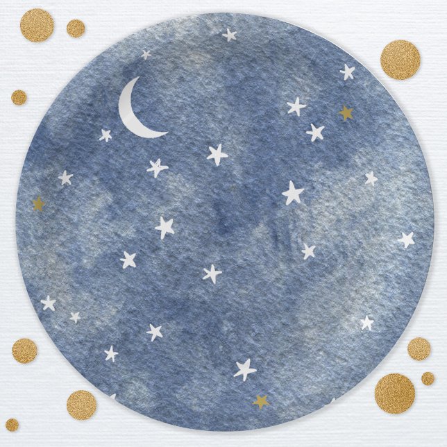 Assiettes En Carton Aquarelle bleu marine étoile de lune céleste (Moon and stars celestial watercolor navy blue gold and white party paper plates)