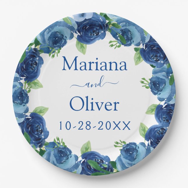 Assiettes En Carton Aquarelle bleu marine Plaque de papier Mariage Flo (Devant)