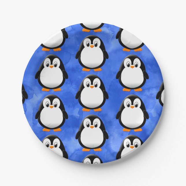Assiettes En Carton Aquarelle bleu Pingouin Cute (Devant)