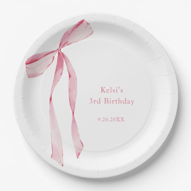 Assiettes En Carton Aquarelle bleu rose Bow Anniversaire (Devant)