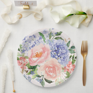 Assiettes En Carton Aquarelle Bleu rose Hydrangée Peony Ressort Floral