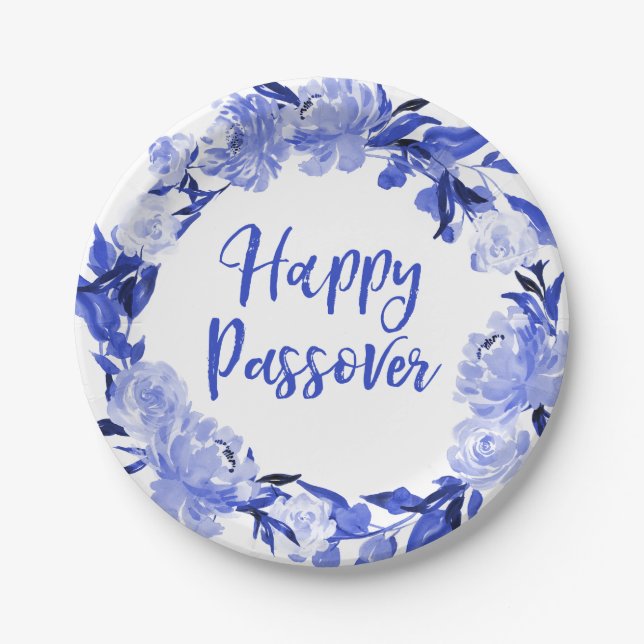 Assiettes En Carton Aquarelle bleu royal Floral Happy Passover (Devant)