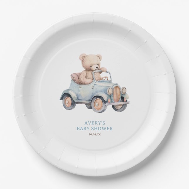 Assiettes En Carton Aquarelle bleu Teddy Bear Baby shower garçon (Devant)