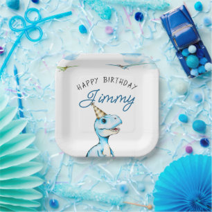 Assiettes En Carton Aquarelle Bleu Trois Rex Dinosaur Anniversaire