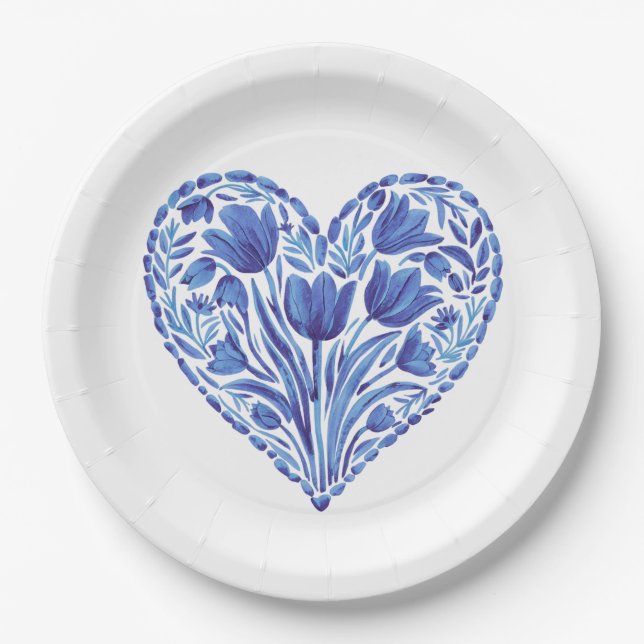 Assiettes En Carton Aquarelle Bleu Tulipes Coeur Sur Blanc (Devant)