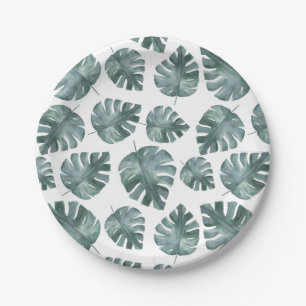Assiettes En Carton Aquarelle bleu vert Monstera Motif Anniversaire