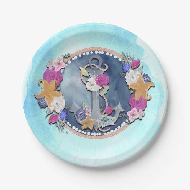 Assiettes En Carton Aquarelle bleue Ancre florale marine moderne (Devant)