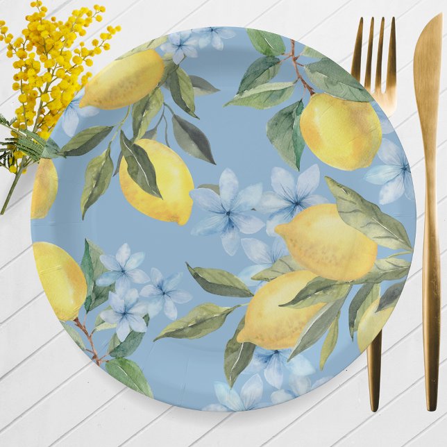 Assiettes En Carton Aquarelle bleue Citron et Fleur (Watercolor Lemon & Blue Flower Paper Plates for Main Squeeze Bridal Shower or Little Lemon Baby)