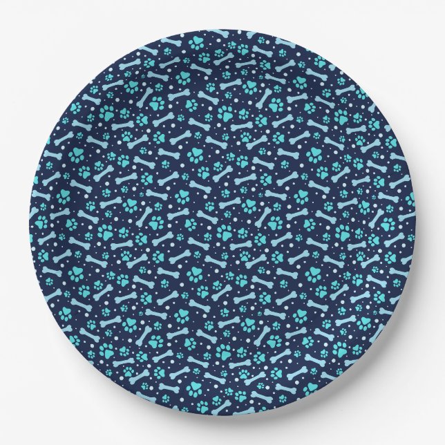Assiettes En Carton Aquarelle bleue Empreintes de pattes Anniversaire (Devant)