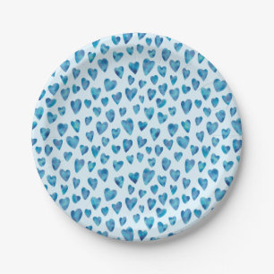Assiettes En Carton Aquarelle bleue Motif de coeur