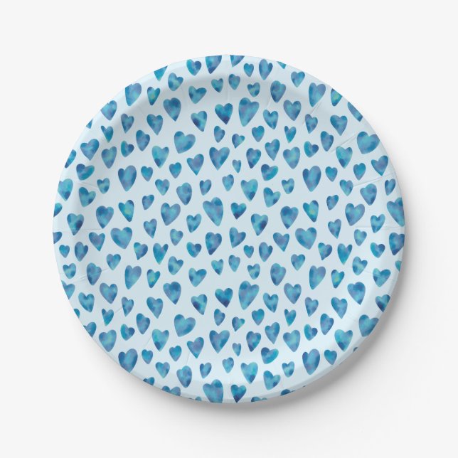 Assiettes En Carton Aquarelle bleue Motif de coeur (Devant)