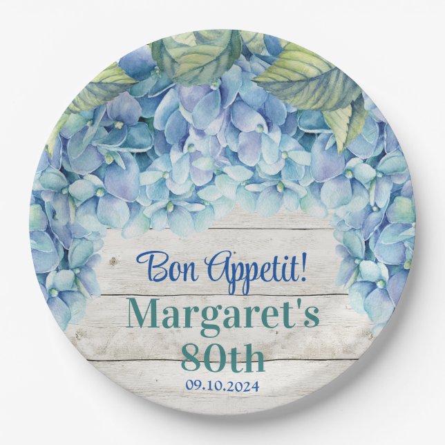 Assiettes En Carton Aquarelle Blue Hydrangea 80e anniversaire (Devant)