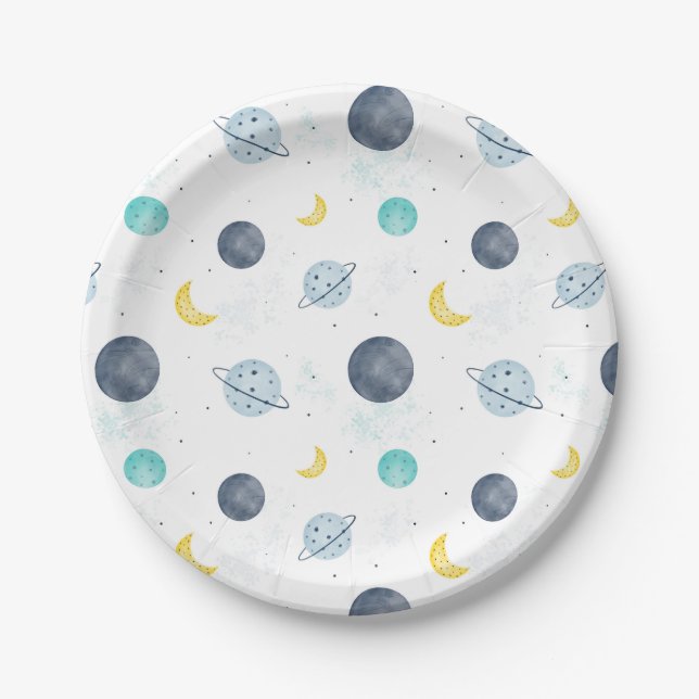 Assiettes En Carton Aquarelle Blue Space Planet Motif (Devant)