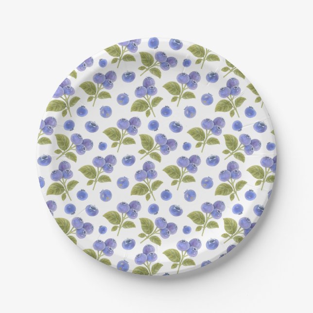 Assiettes En Carton Aquarelle Blueberry Fruit et Blueberry Feuilles (Devant)
