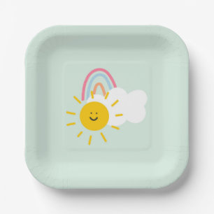 Assiettes En Carton Aquarelle Boho arc-en-ciel et soleil