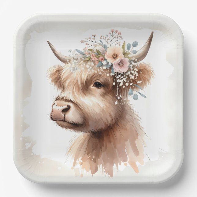 Assiettes En Carton Aquarelle Boho Highland Vache avec fleurs nuptiale (Recto)