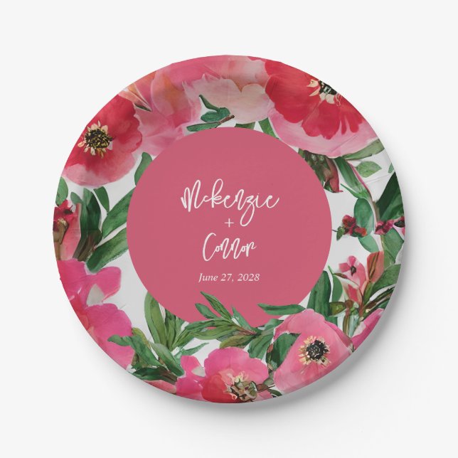 Assiettes En Carton Aquarelle Botaniques Anémones rose Mariage Floral (Devant)