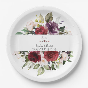Assiettes En Carton Aquarelle Bourgogne Blush Flowers Mariage de cadre