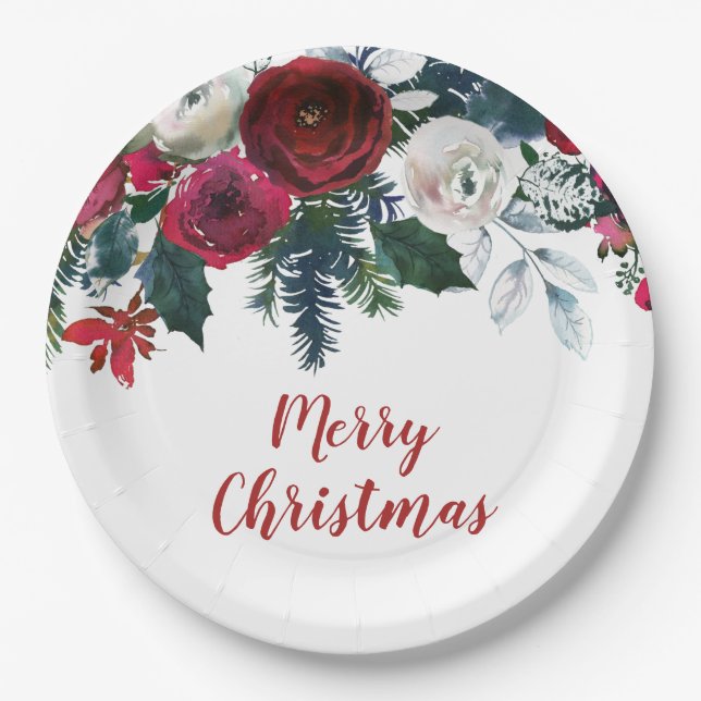 Assiettes En Carton Aquarelle Bourgogne Fleurs d'hiver Noël (Devant)