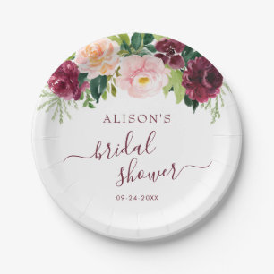 Assiettes En Carton Aquarelle Burgundy Blush Fête des mariées Florale