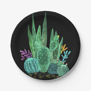 Assiettes En Carton Aquarelle, cactus, fleurs grand horloge