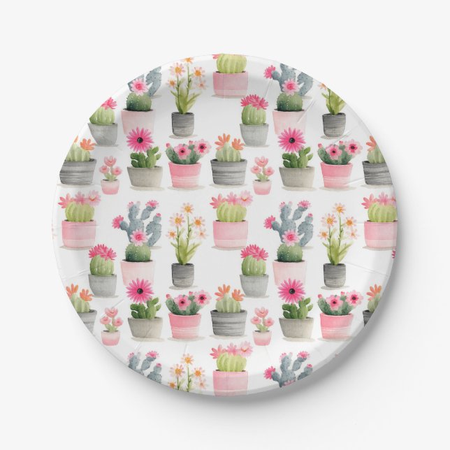 Assiettes En Carton Aquarelle Cactus Motif Succulent Rose Ouest (Devant)