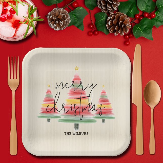 Assiettes En Carton Aquarelle Carré Arbres de Noël (Créateur téléchargé)