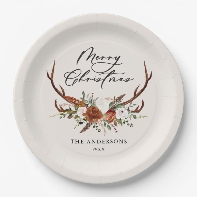 Assiettes En Carton aquarelle cerf fleurs merveille Noël (Devant)