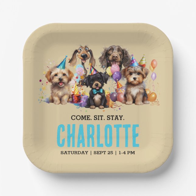 Assiettes En Carton Aquarelle Chien Pawty Puppy Anniversaire (Recto)